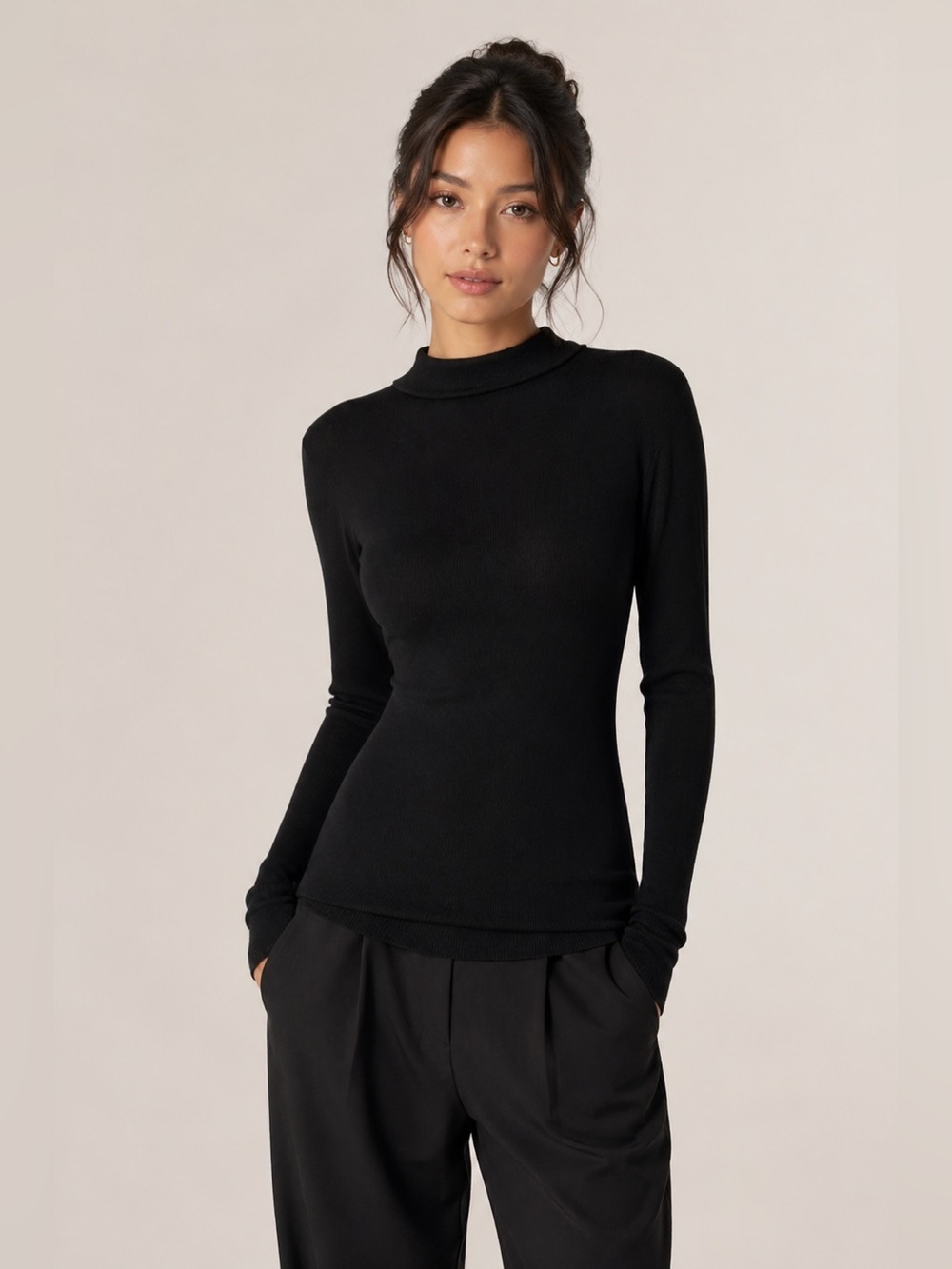 Wilfred Black Mock Neck Long Sleeve Top XS | Minimalist Ribbed Knit Slim Fit